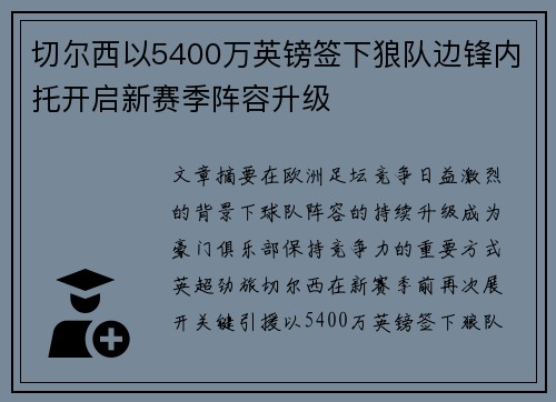 切尔西以5400万英镑签下狼队边锋内托开启新赛季阵容升级
