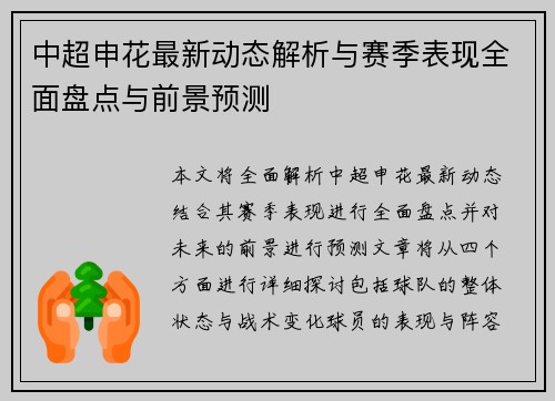 中超申花最新动态解析与赛季表现全面盘点与前景预测