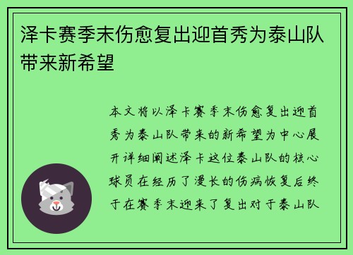 泽卡赛季末伤愈复出迎首秀为泰山队带来新希望